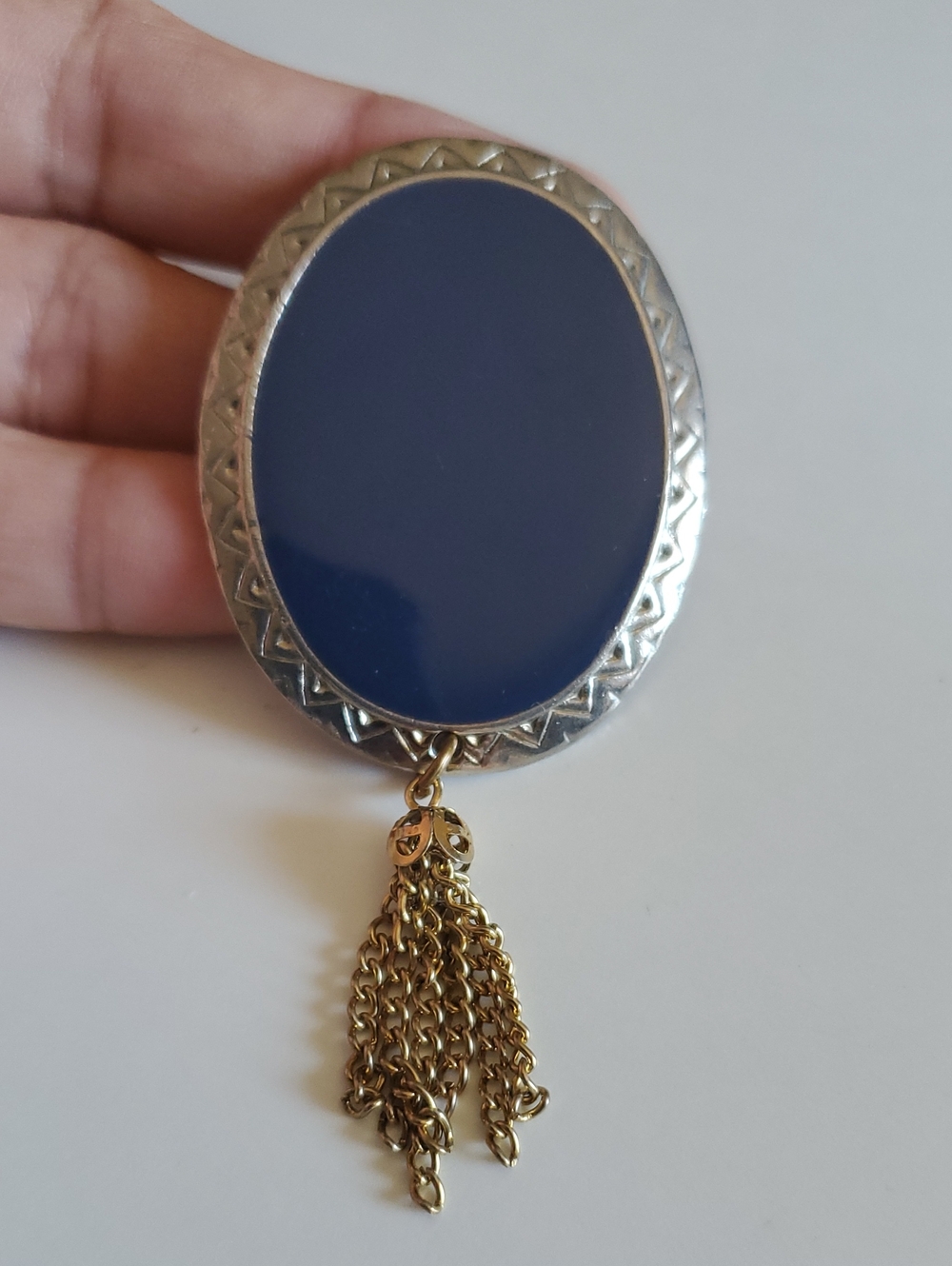 Antique Germany Oval Navy Blue Mirror Pendant with Gold Tassel Brooch